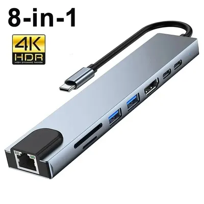 8 in 1 USB C 허브 타입 C 스플리터 4K 썬더볼트 3 도킹 스테이션 노트북 어댑터 맥북 에어 M1 아이패드 프로 RJ45 HDTV 컴퓨터용